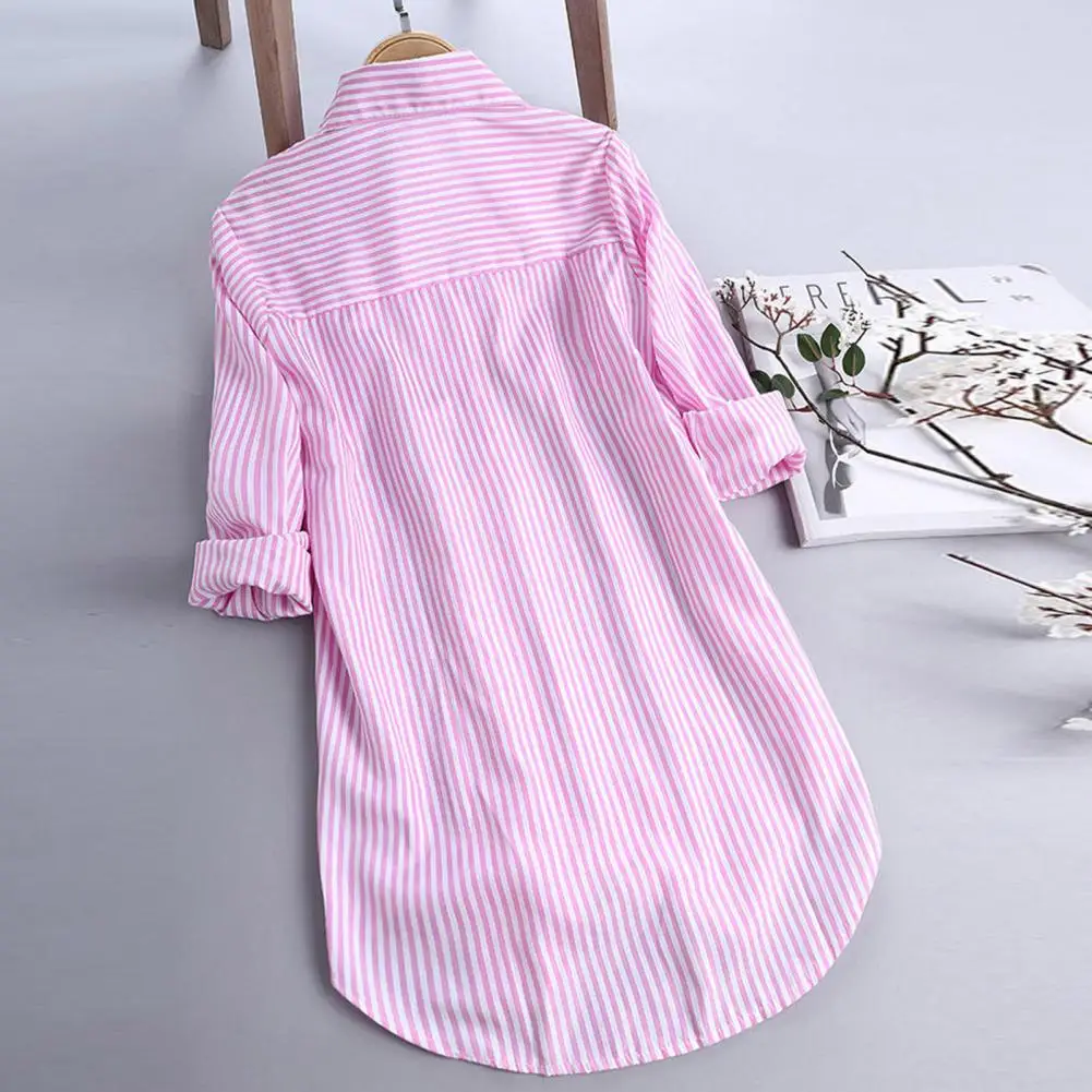 M-4XL Women Tunic Shirt Striped Long-sleeves V Neck Mid Long Turn-down Collar Loose Fit Casual Summer Elegant Ladies Blouse Top - Image 5