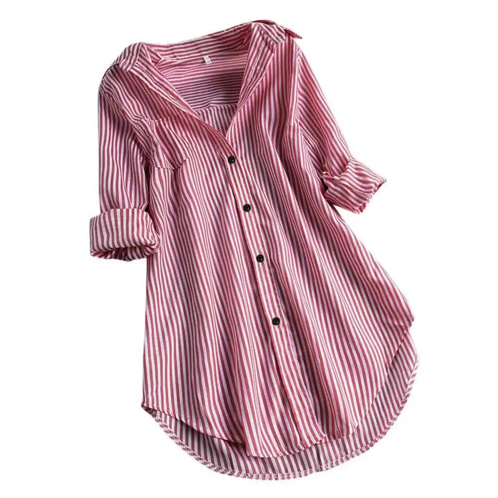 M-4XL Women Tunic Shirt Striped Long-sleeves V Neck Mid Long Turn-down Collar Loose Fit Casual Summer Elegant Ladies Blouse Top - Image 8