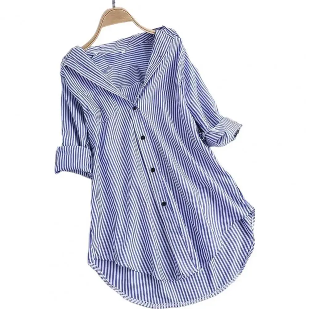 M-4XL Women Tunic Shirt Striped Long-sleeves V Neck Mid Long Turn-down Collar Loose Fit Casual Summer Elegant Ladies Blouse Top - Image 9