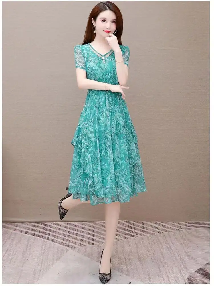 M-5XL Plus Size Women Dress Temperament Embroidery Graphic Elegant Dresses Female Knee Skirts Retro Thin Summer Dignified - Image 7