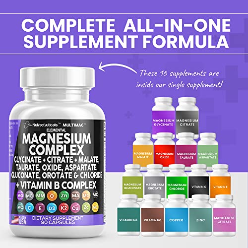 Magnesium Complex 2285mg with Glycinate Citrate Malate Oxide Taurate Aspartate Gluconate Orotate & Mag Chloride, Zinc Copper Manganese Vitamin C B1 B2 B6 B12 - 90 Count Made in USA - Image 6