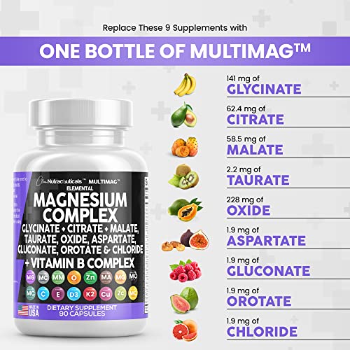 Magnesium Complex 2285mg with Glycinate Citrate Malate Oxide Taurate Aspartate Gluconate Orotate & Mag Chloride, Zinc Copper Manganese Vitamin C B1 B2 B6 B12 - 90 Count Made in USA - Image 7