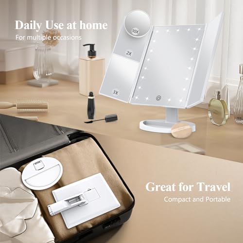 Makeup Mirror Vanity Mirror with Lights, 2X 3X 10X Magnification, Lighted Makeup Mirror, Touch Control, Trifold Makeup Mirror, Dual Power Supply, Portable LED Makeup Mirror, Women Gift (White) - Image 3