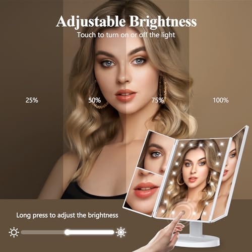 Makeup Mirror Vanity Mirror with Lights, 2X 3X 10X Magnification, Lighted Makeup Mirror, Touch Control, Trifold Makeup Mirror, Dual Power Supply, Portable LED Makeup Mirror, Women Gift (White) - Image 5