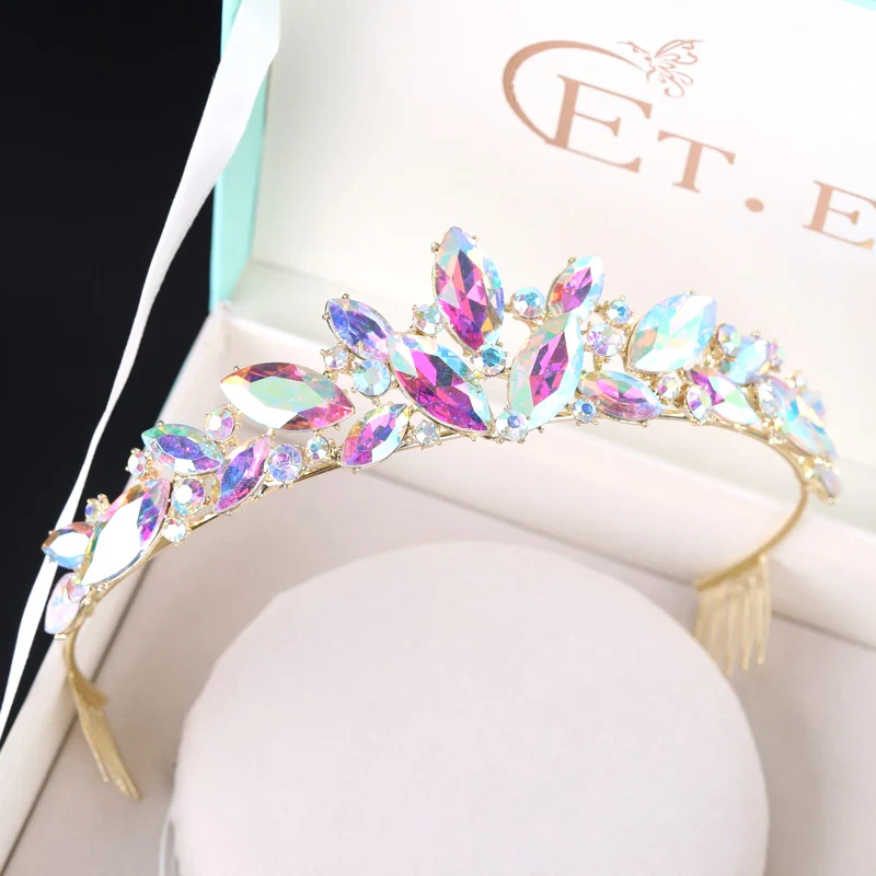Marquise Shape AB Glass Crown Bridal Tiaras Crystal Fashion Diadem Novia For Bride Headbands Women Wedding Hair Accessories - Image 5
