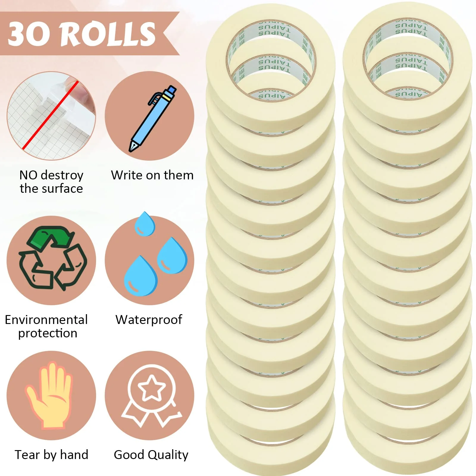 Masking Tape General Purpose Masking Tape 55 Yards Painting Tape for Painting Home Office School Stationery Arts Crafts Basic Use (30 Rolls, 0.8 Inch) - Image 5