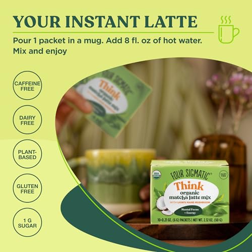 Matcha Latte Mix by Four Sigmatic | Lion’s Mane Mushroom, Organic Matcha, Maitake & Moringa | Focus, Creativity & Productivity Support | 20mg Caffeine | Vegan, Gluten-Free | 0.21 Ounce | Pack of 10 - Image 2
