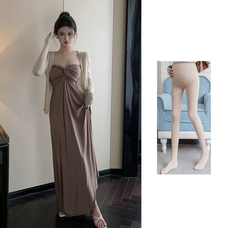 Maternity Spring Clothes Dress 2024 Loose Hot Mom Western Style Tube Top Long Dress Elegant Slim Looking Inverness Two-piece Set - Image 12