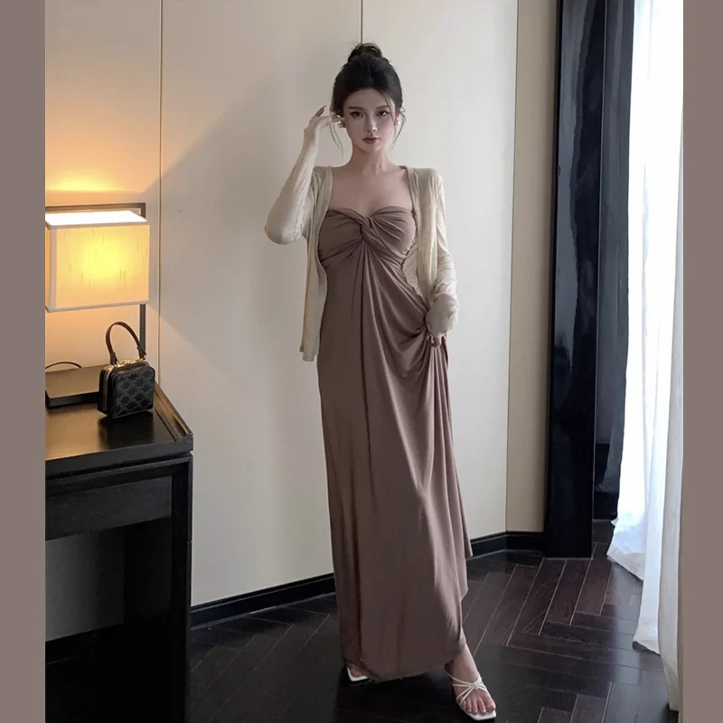 Maternity Spring Clothes Dress 2024 Loose Hot Mom Western Style Tube Top Long Dress Elegant Slim Looking Inverness Two-piece Set - Image 6