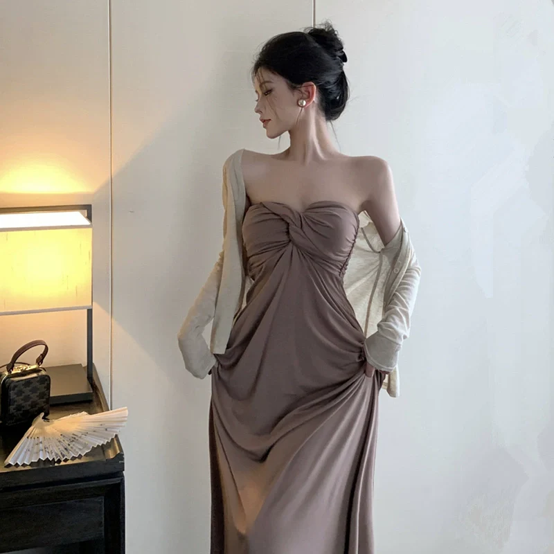 Maternity Spring Clothes Dress 2024 Loose Hot Mom Western Style Tube Top Long Dress Elegant Slim Looking Inverness Two-piece Set - Image 7