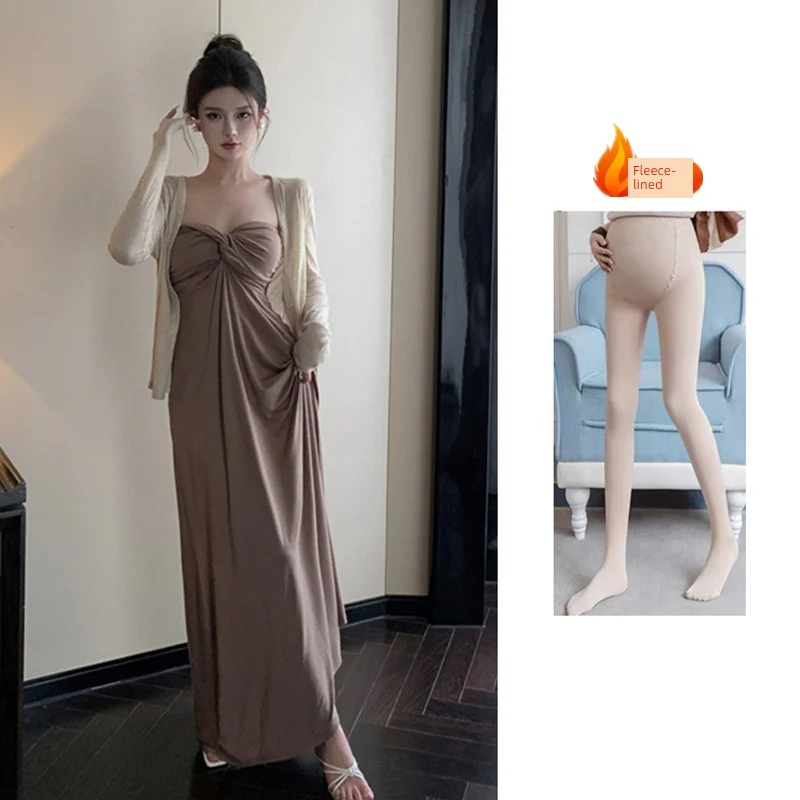 Maternity Spring Clothes Dress 2024 Loose Hot Mom Western Style Tube Top Long Dress Elegant Slim Looking Inverness Two-piece Set - Image 8