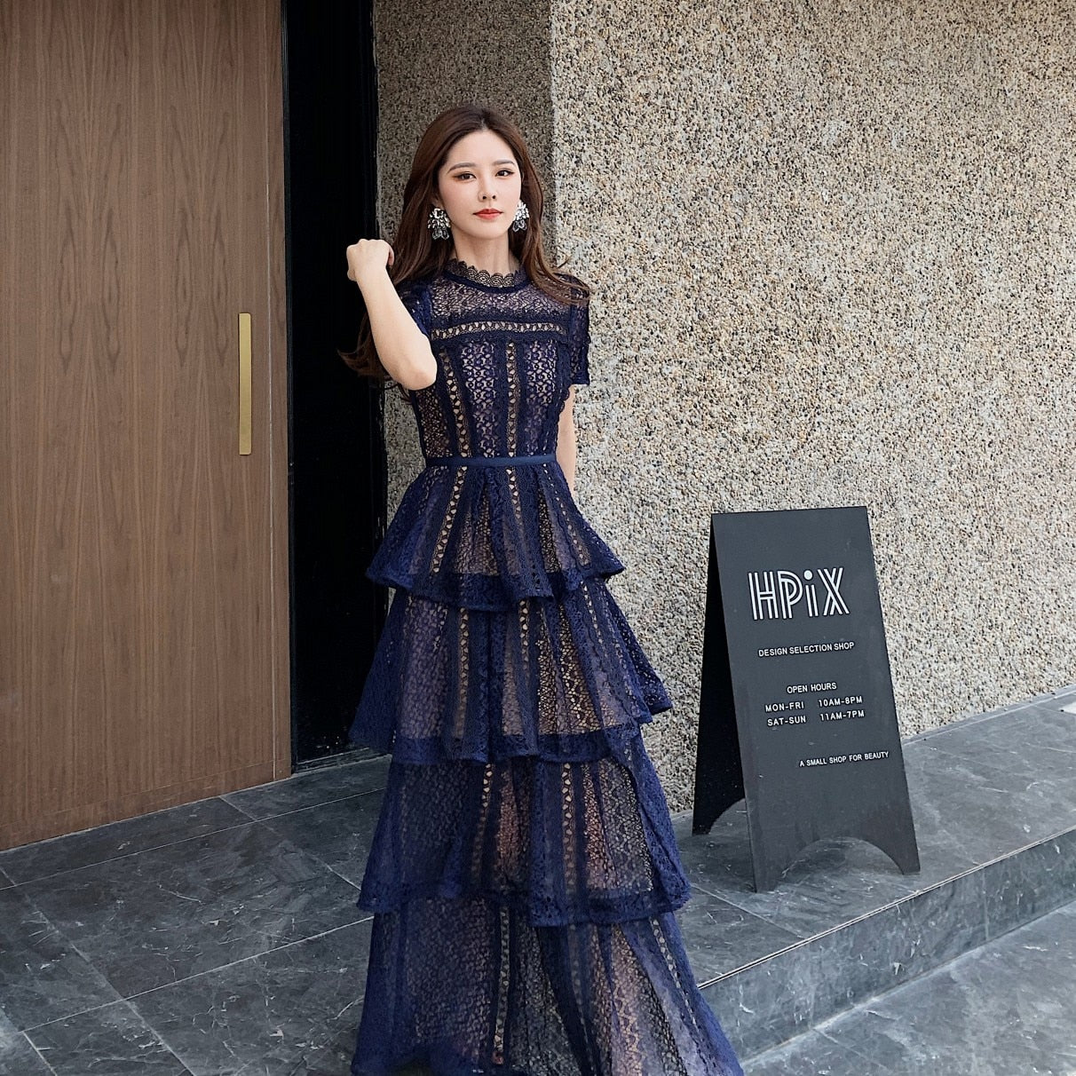 Maxi Dresses for Women 2023 New Summer Dark Blue Exquisite Lace Stitching Short Sleeve Multi-layer Cake Dress Slimming Dress - Image 2