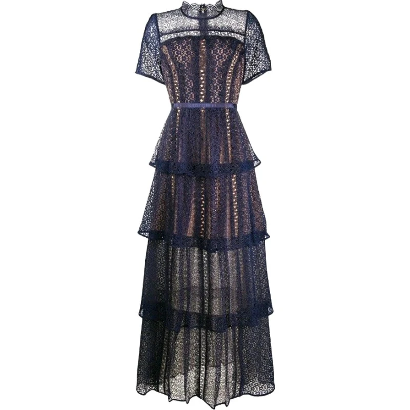 Maxi Dresses for Women 2023 New Summer Dark Blue Exquisite Lace Stitching Short Sleeve Multi-layer Cake Dress Slimming Dress - Image 3