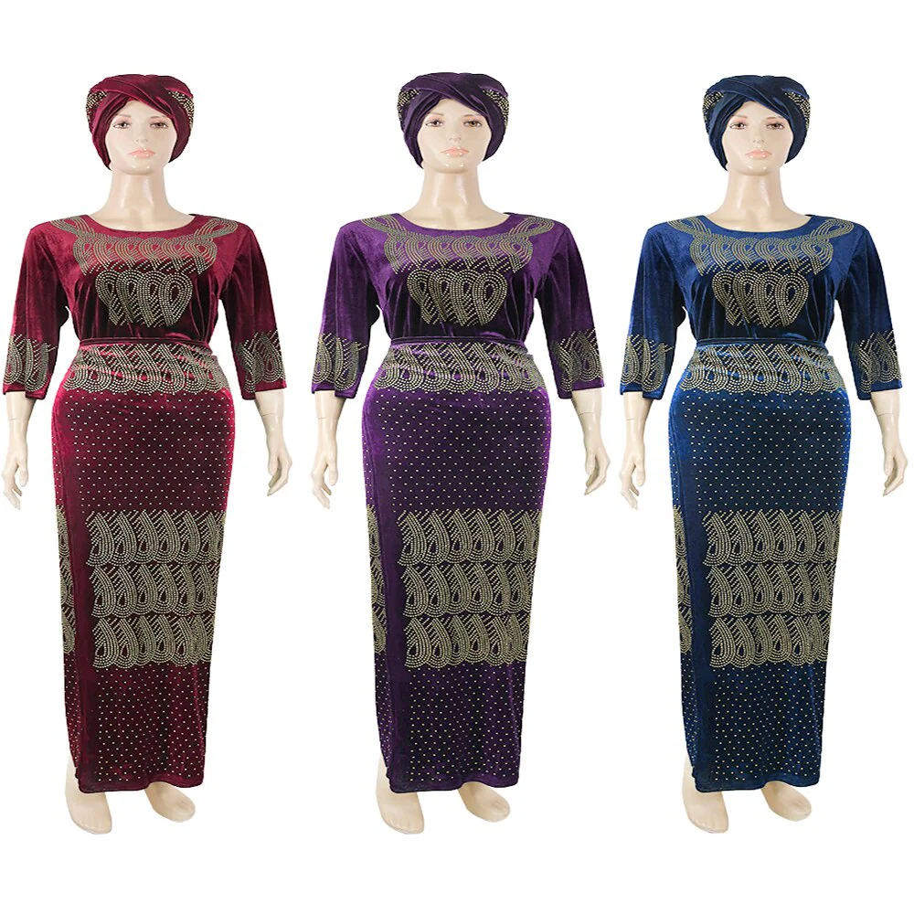 MD 3 Pieces Sets Women Clothes Velvet Top Skirt Suit With Turban African Elegant Party Robe Dashiki Outfit Muslim Fashion Dress - Image 10