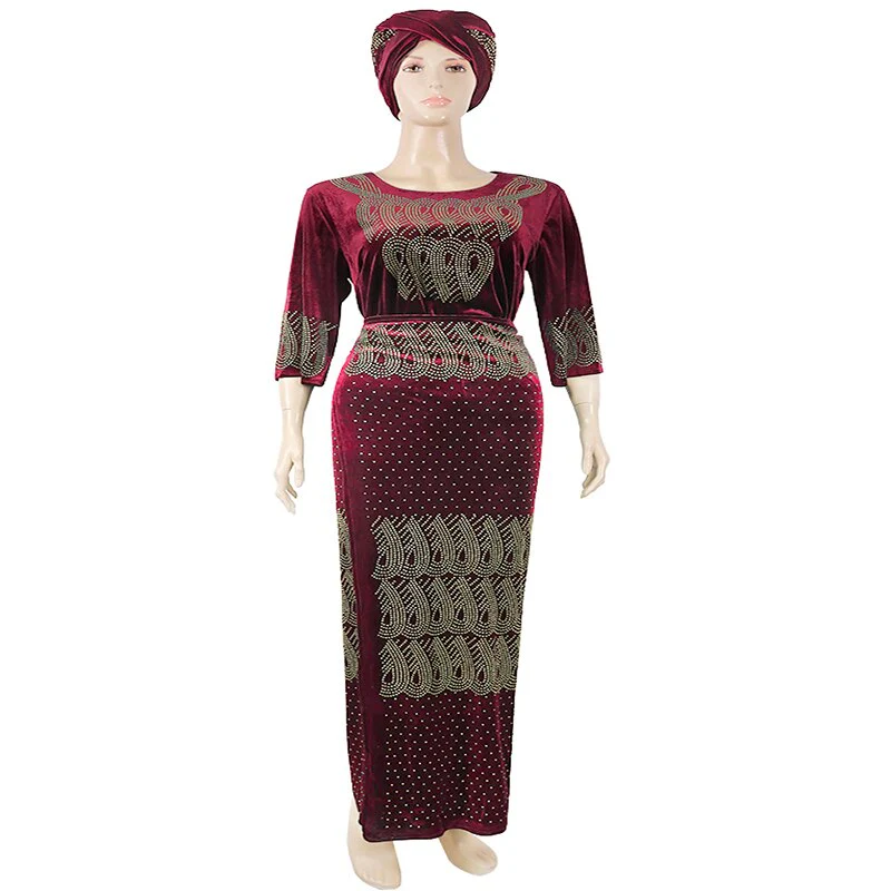 MD 3 Pieces Sets Women Clothes Velvet Top Skirt Suit With Turban African Elegant Party Robe Dashiki Outfit Muslim Fashion Dress - Image 3