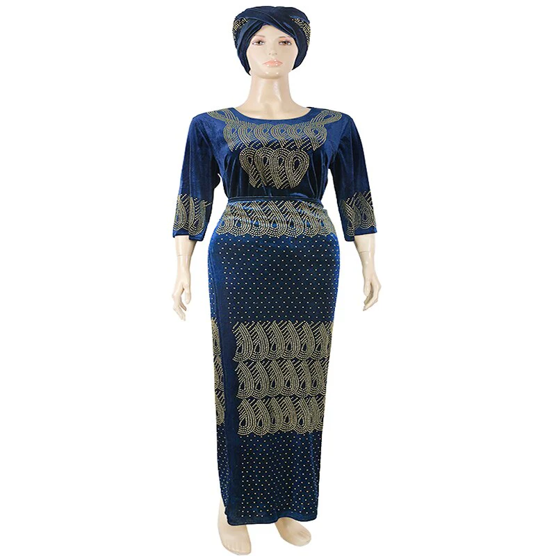 MD 3 Pieces Sets Women Clothes Velvet Top Skirt Suit With Turban African Elegant Party Robe Dashiki Outfit Muslim Fashion Dress - Image 4