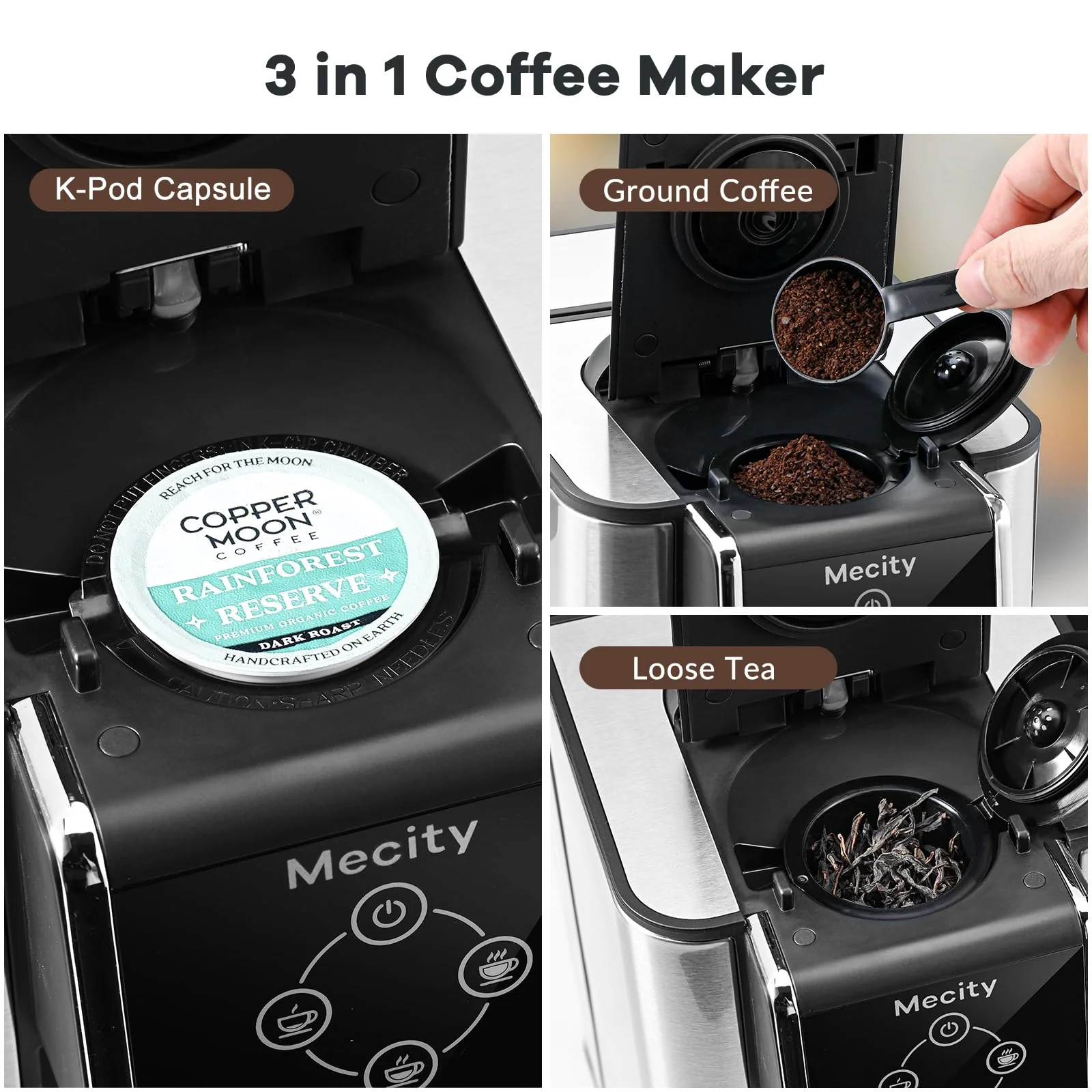 Mecity Coffee Maker 3-in-1 Single Serve Coffee Machine, Compatible with K-cup Coffee Capsule, Instant Coffee Brewer, Loose Tea maker, 6,8,10 Ounce Cup, Removable 50 Oz Water Reservoir, 120V 1150W - Image 7