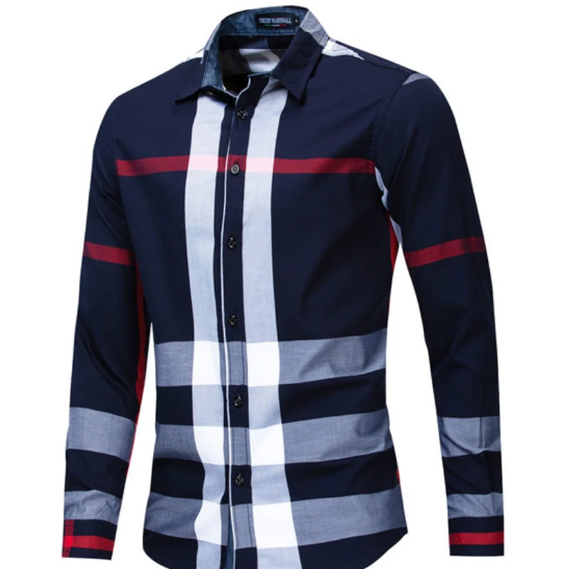 Men's Cotton Long Sleeve Plaid Shirt No Pocket Design Casual Standard-fit Large Size Shirts Men Clothing Autumn Spring MY471