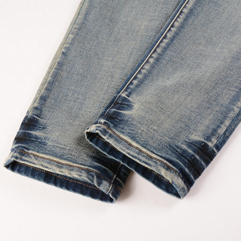 Men's Cracked Patch Biker Jeans Streetwear Pleated Patchwork Stretch Denim Pants Holes Ripped Distressed Skinny Tapered Trousers - Image 2