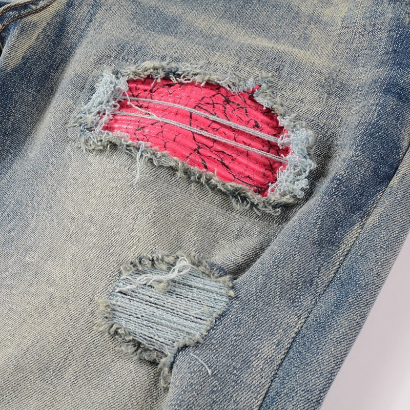 Men's Cracked Patch Biker Jeans Streetwear Pleated Patchwork Stretch Denim Pants Holes Ripped Distressed Skinny Tapered Trousers - Image 3