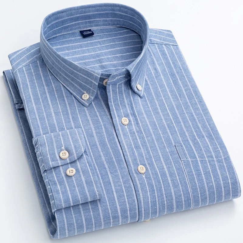 Men's Regular-Fit Shirt Cotton Line Long Sleeve Loose Business Dress Pure Color Button Shirt Men Blue White Tops Camisa Hombre L - Image 10