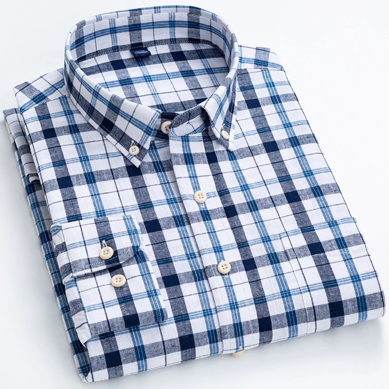 Men's Regular-Fit Shirt Cotton Line Long Sleeve Loose Business Dress Pure Color Button Shirt Men Blue White Tops Camisa Hombre L - Image 3