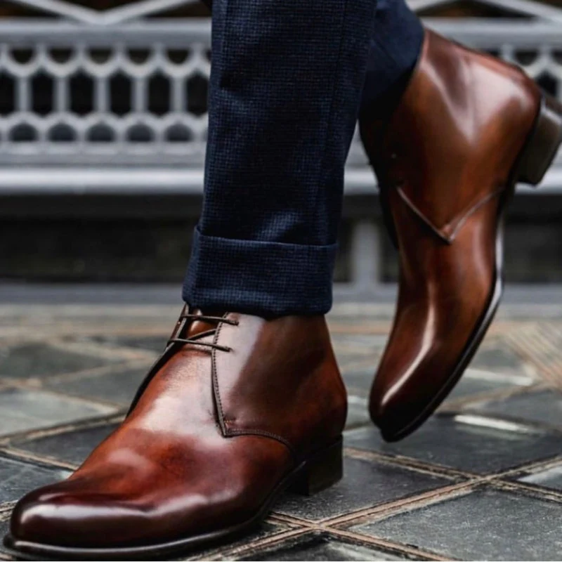Men Ankle Boots Brown Black Blue Motorcycle Boots Lace Up Business Handmade Pu Leather Shoes for Men with Free Shipping - Image 9