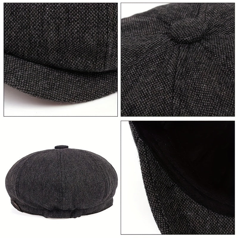 Men&Apos;S Retro Herringbone Flat Cap - Black Casual Beret with Vintage Style, Knitted Polyester, Perfect for Valentine&Apos;S Day, Everyday Headwear | Vintage Flat Cap | Knitted Texture - Image 4