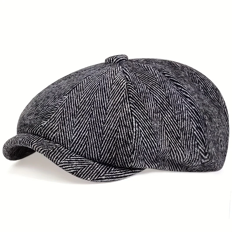Men&Apos;S Retro Herringbone Flat Cap - Black Casual Beret with Vintage Style, Knitted Polyester, Perfect for Valentine&Apos;S Day, Everyday Headwear | Vintage Flat Cap | Knitted Texture - Image 9