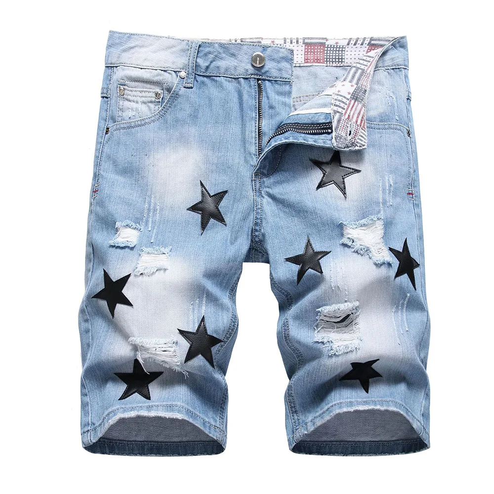 Men Black Leather Stars Patches Denim Shorts Summer Slim Straight Jeans Holes Ripped Blue Cotton Breeches