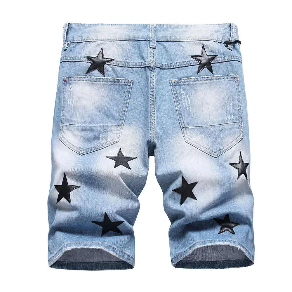 Men Black Leather Stars Patches Denim Shorts Summer Slim Straight Jeans Holes Ripped Blue Cotton Breeches - Image 2