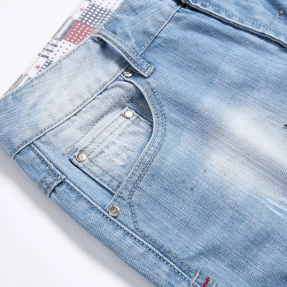 Men Black Leather Stars Patches Denim Shorts Summer Slim Straight Jeans Holes Ripped Blue Cotton Breeches - Image 3