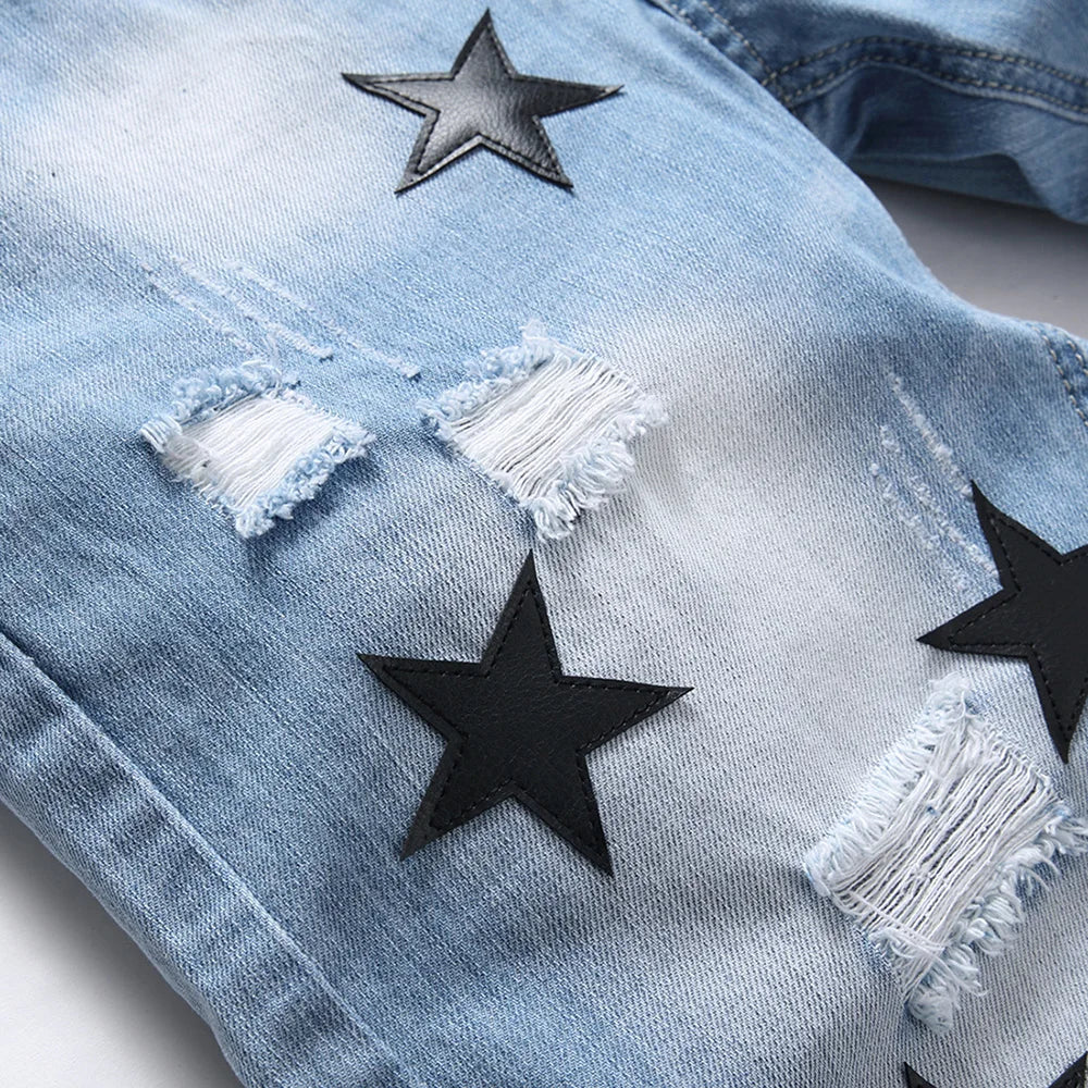 Men Black Leather Stars Patches Denim Shorts Summer Slim Straight Jeans Holes Ripped Blue Cotton Breeches - Image 4