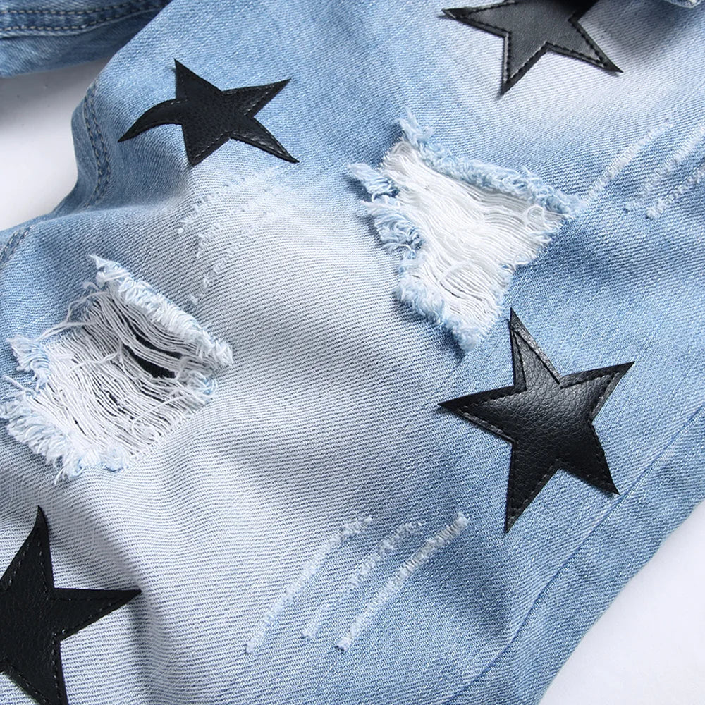 Men Black Leather Stars Patches Denim Shorts Summer Slim Straight Jeans Holes Ripped Blue Cotton Breeches - Image 5