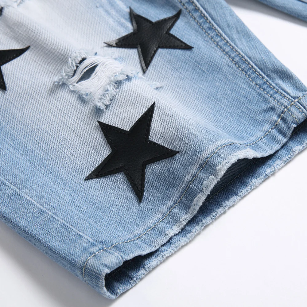 Men Black Leather Stars Patches Denim Shorts Summer Slim Straight Jeans Holes Ripped Blue Cotton Breeches - Image 6