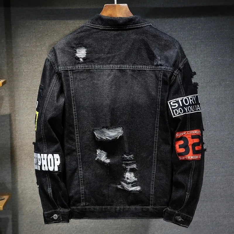 Men Brand Denim Jacket Hip Hop Streetwear Punk Motorcycle Ripped Print Cowboy Outwear High Quality Casual Hole Male Jeans Coat - Image 4