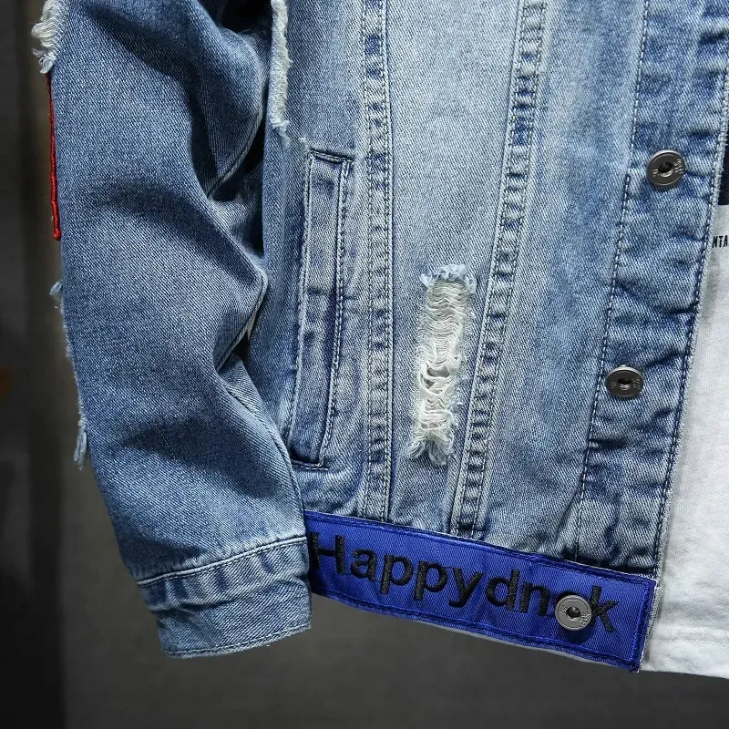 Men Brand Denim Jacket Hip Hop Streetwear Punk Motorcycle Ripped Print Cowboy Outwear High Quality Casual Hole Male Jeans Coat - Image 5