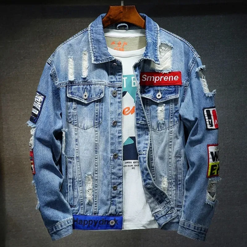Men Brand Denim Jacket Hip Hop Streetwear Punk Motorcycle Ripped Print Cowboy Outwear High Quality Casual Hole Male Jeans Coat - Image 7