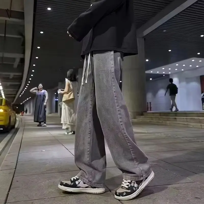 Men Casual Loose Jeans Male Streetwear Fashion Straight Wide Leg Denim Pants Elastic Waist Comfortable Solid Color Gray Trousers