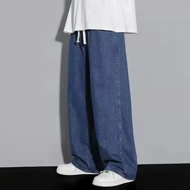 Men Casual Loose Jeans Male Streetwear Fashion Straight Wide Leg Denim Pants Elastic Waist Comfortable Solid Color Gray Trousers - Image 2