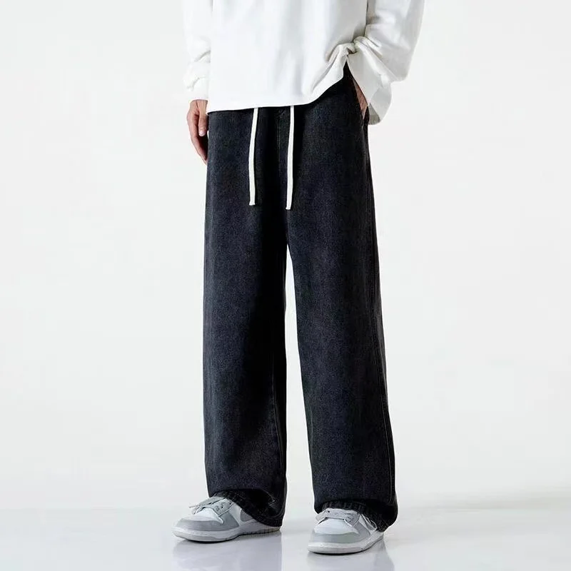 Men Casual Loose Jeans Male Streetwear Fashion Straight Wide Leg Denim Pants Elastic Waist Comfortable Solid Color Gray Trousers - Image 3
