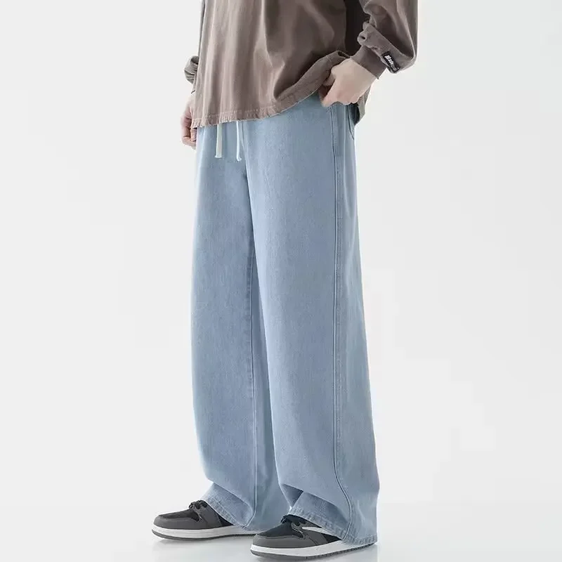 Men Casual Loose Jeans Male Streetwear Fashion Straight Wide Leg Denim Pants Elastic Waist Comfortable Solid Color Gray Trousers - Image 5
