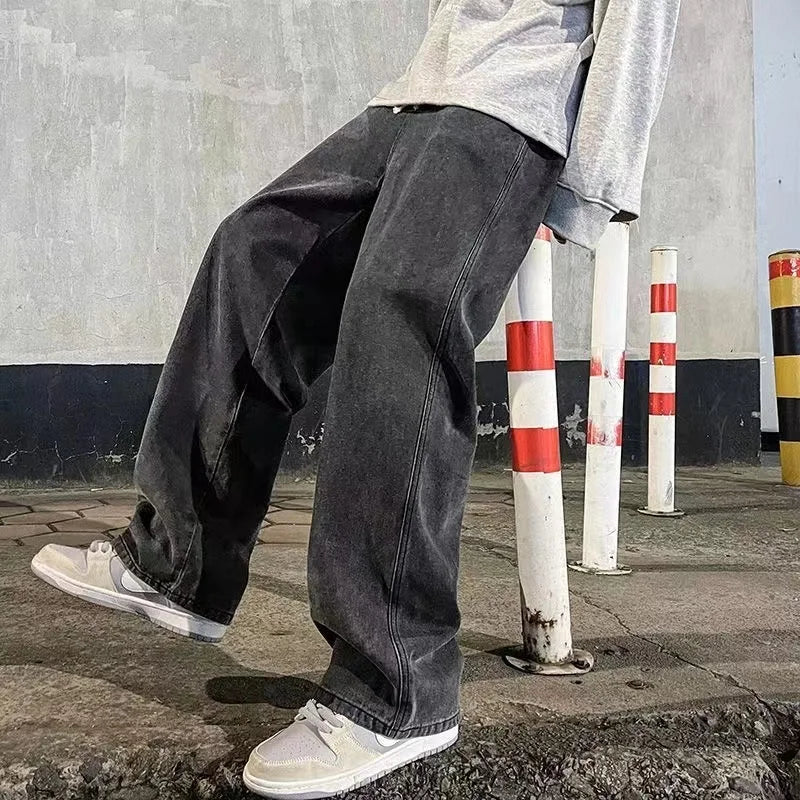 Men Casual Loose Jeans Male Streetwear Fashion Straight Wide Leg Denim Pants Elastic Waist Comfortable Solid Color Gray Trousers - Image 7