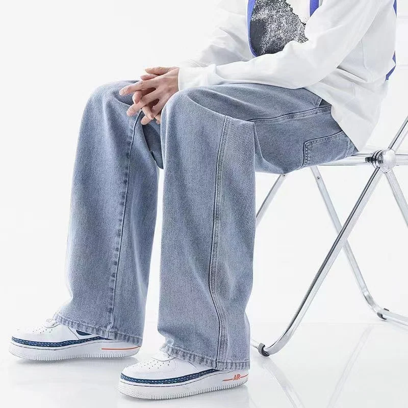 Men Casual Loose Jeans Male Streetwear Fashion Straight Wide Leg Denim Pants Elastic Waist Comfortable Solid Color Gray Trousers - Image 9