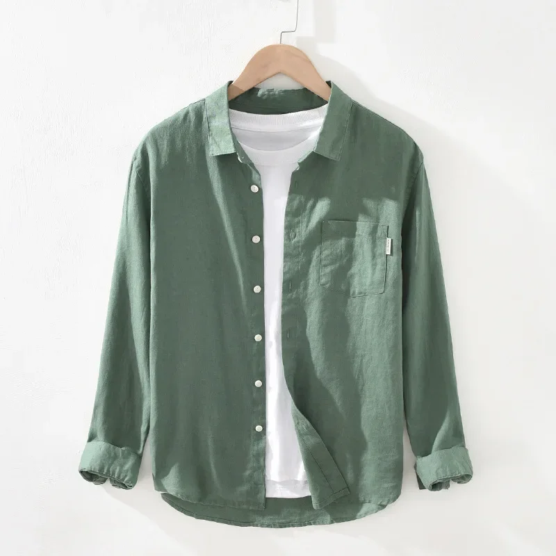 Men Clothing 2022 Spring and Autumn Men's Fresh Pure Linen Shirt Youth Loose Lapel Pocket Linen Shirt - Image 2