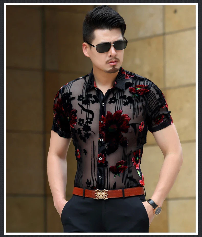 Men Club Party 2019 New DJ Prom Shirt Short Sleeve Chemise Homme Transparent Flower Velvet Shirt Men See Through Lace Shirt - Image 4