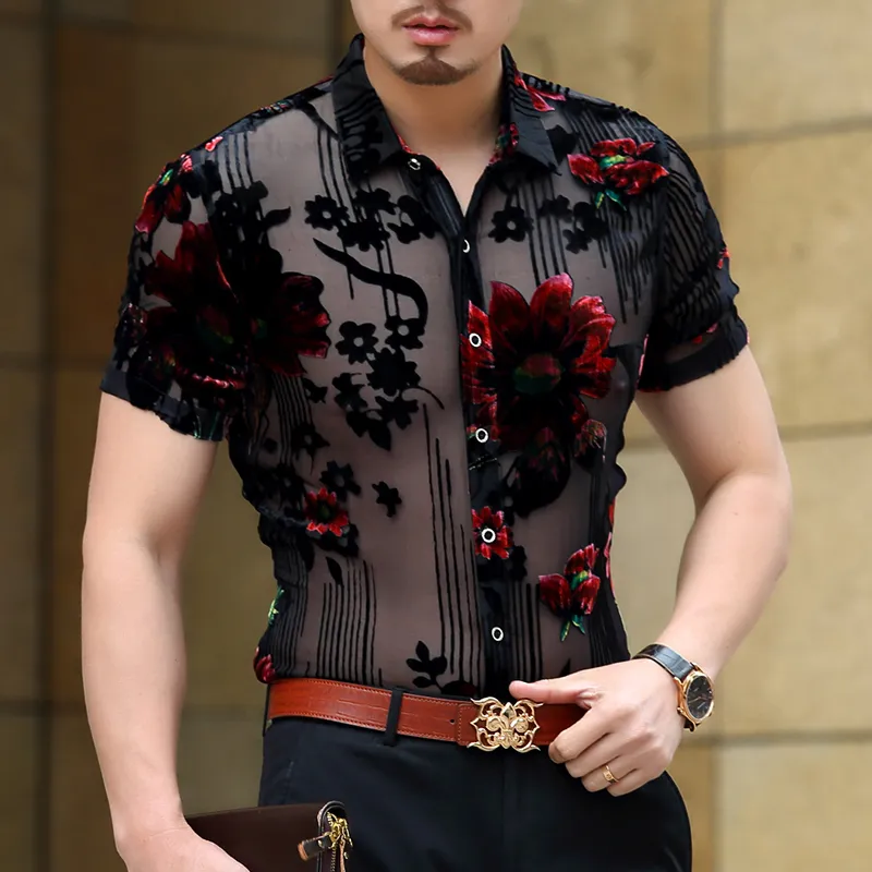 Men Club Party 2019 New DJ Prom Shirt Short Sleeve Chemise Homme Transparent Flower Velvet Shirt Men See Through Lace Shirt - Image 7