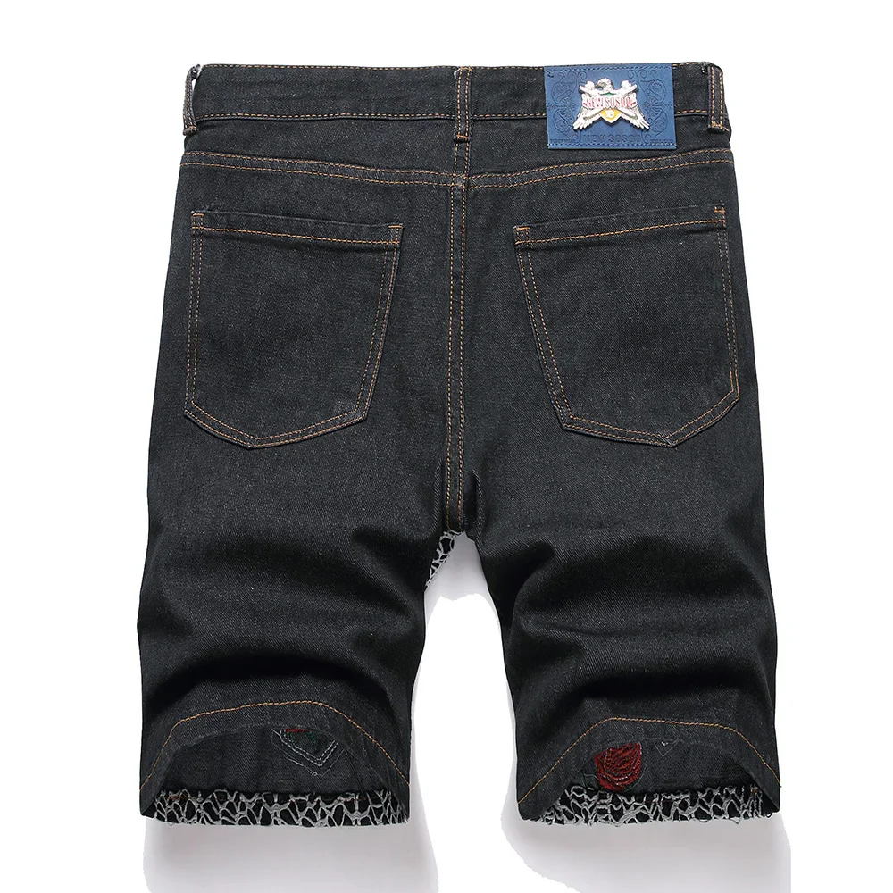 Men Cross Embroidery Denim Shorts Summer Flower Rose Embroidered Breeches Fashion Spider Web Letters Black Straight Jeans - Image 2