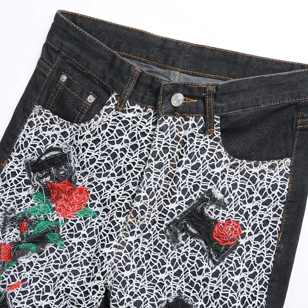 Men Cross Embroidery Denim Shorts Summer Flower Rose Embroidered Breeches Fashion Spider Web Letters Black Straight Jeans - Image 3