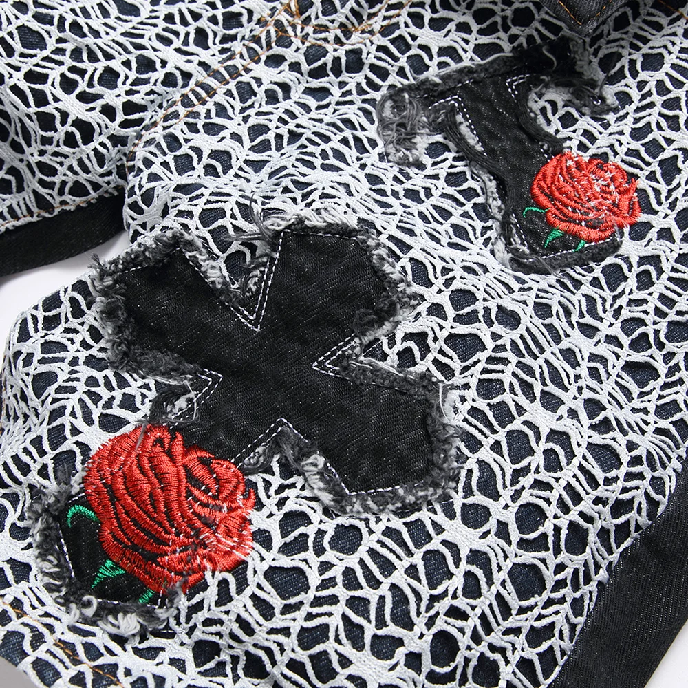 Men Cross Embroidery Denim Shorts Summer Flower Rose Embroidered Breeches Fashion Spider Web Letters Black Straight Jeans - Image 4